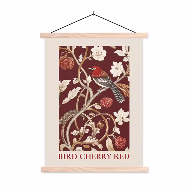 Vogel - Bordeaux - Bloemen - Bessen textielposter latten blank klein -3d