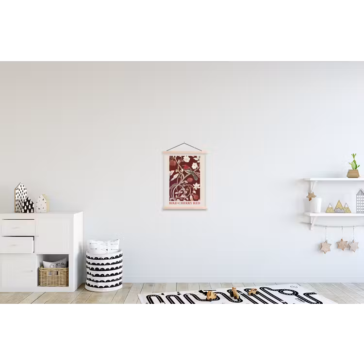 Vogel - Bordeaux - Bloemen - Bessen textielposter latten blank klein -kinderkamer