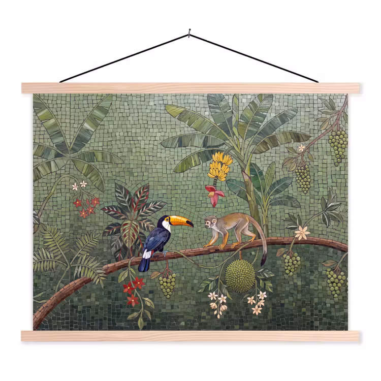 Vogel - Dier - Jungle - Mozaïek - Natuur textielposter latten blank klein -3d