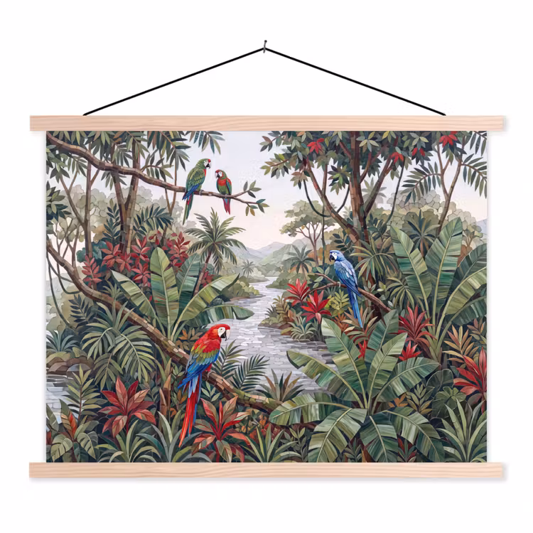 Vogel - Jungle - Natuur - Mozaïek - Groen textielposter latten blank klein -3d