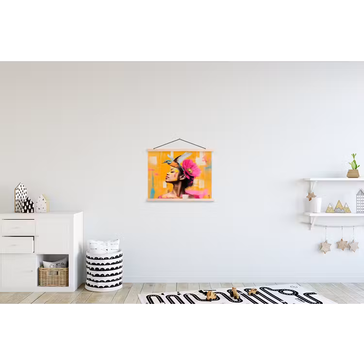 Vogel - Vrouw - Abstract - Bloem textielposter latten blank klein -kinderkamer