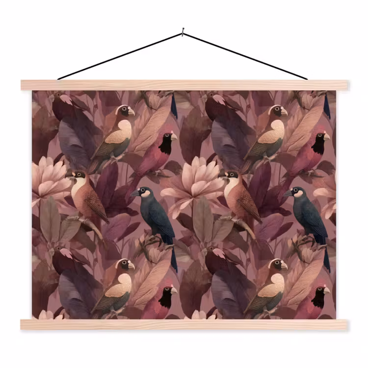 Vogels - Bladeren - Roze textielposter latten blank klein 122 -3d