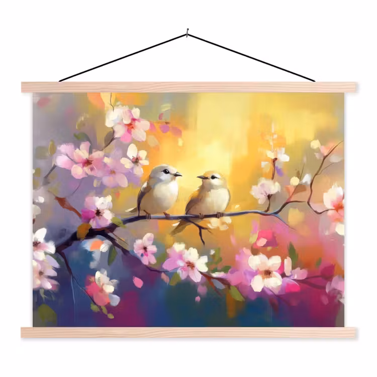 Vogels - Bloemen - Roze textielposter latten blank klein -3d