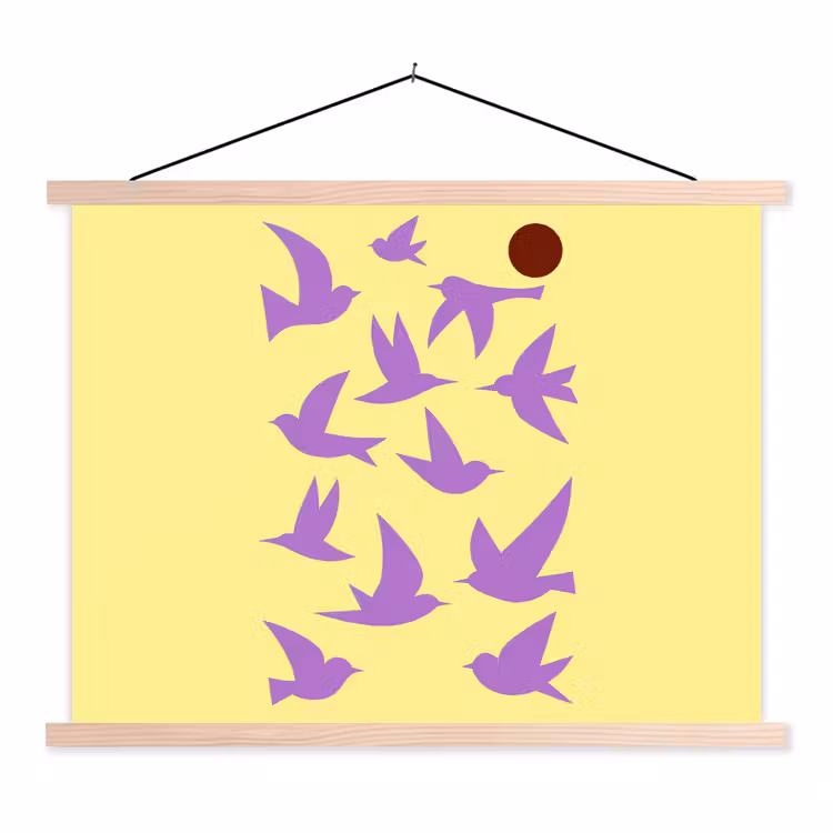 Vogels - Cirkel - Geel - Beweging textielposter latten blank klein -3d