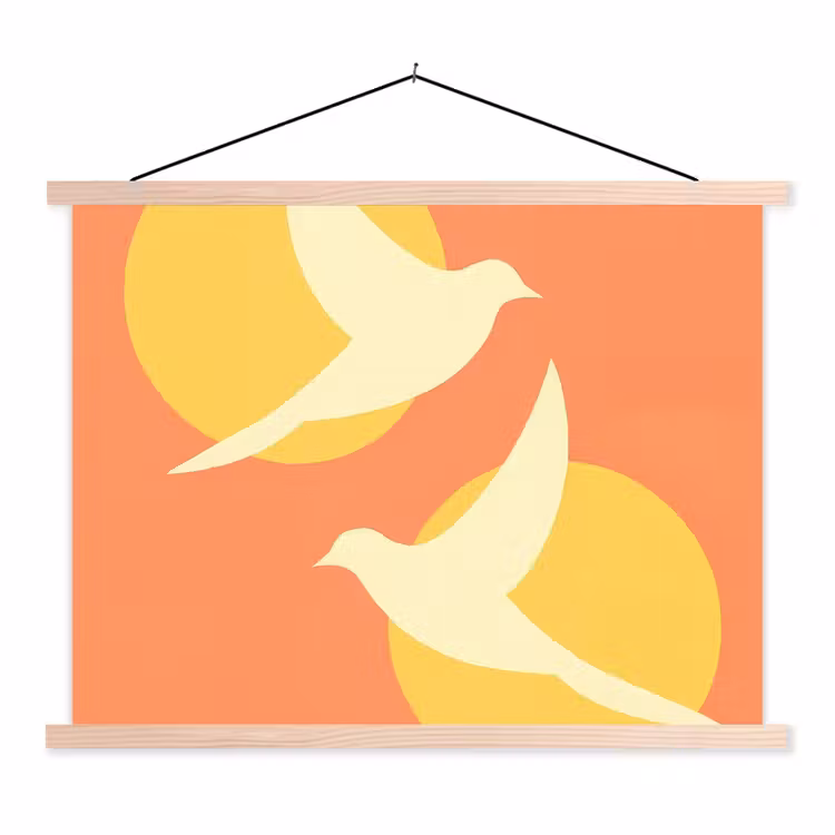 Vogels - Cirkels - Geel textielposter latten blank klein -3d