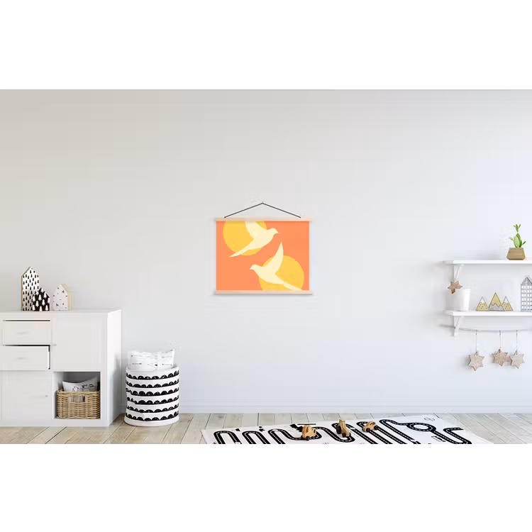 Vogels - Cirkels - Geel textielposter latten blank klein -kinderkamer