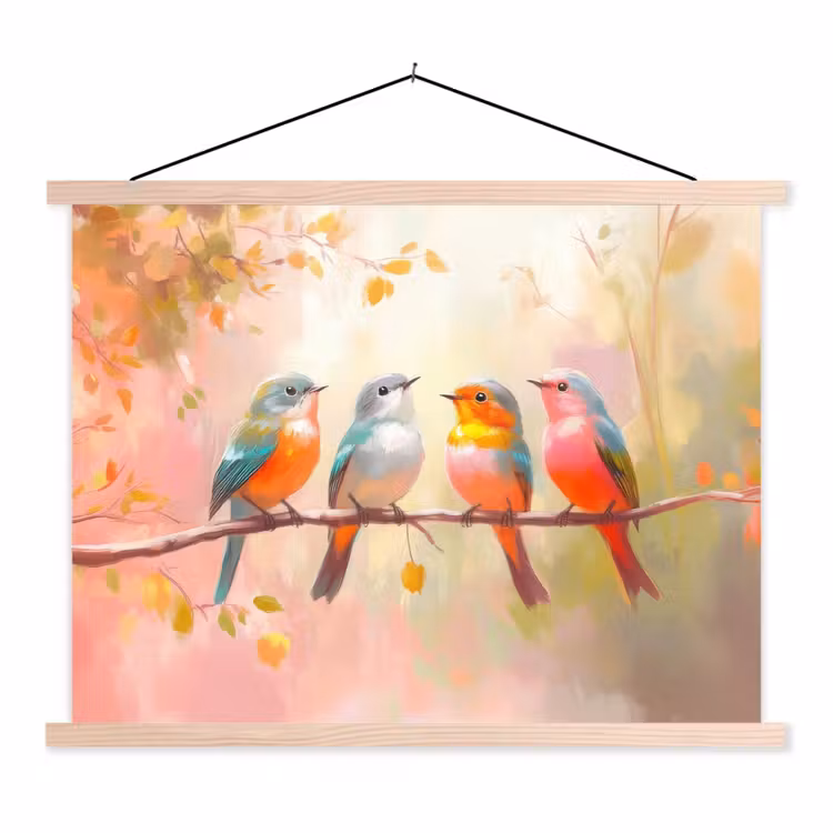 Vogels - Kleurrijk - Tak textielposter latten blank klein -3d