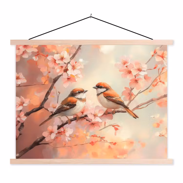 Vogels - Romantic - Bloesemtak textielposter latten blank klein -3d