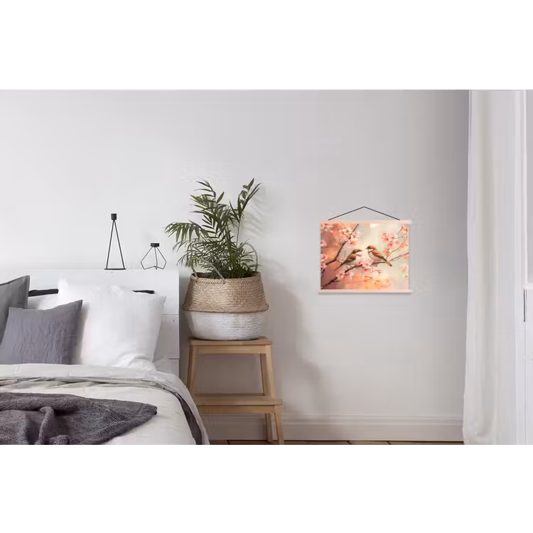 Vogels - Romantic - Bloesemtak textielposter latten blank klein -woonkamer