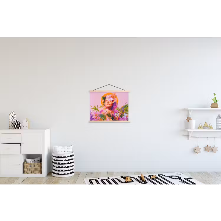 Vrouw - Abstract - Cirkel - Bloemen textielposter latten blank klein -kinderkamer