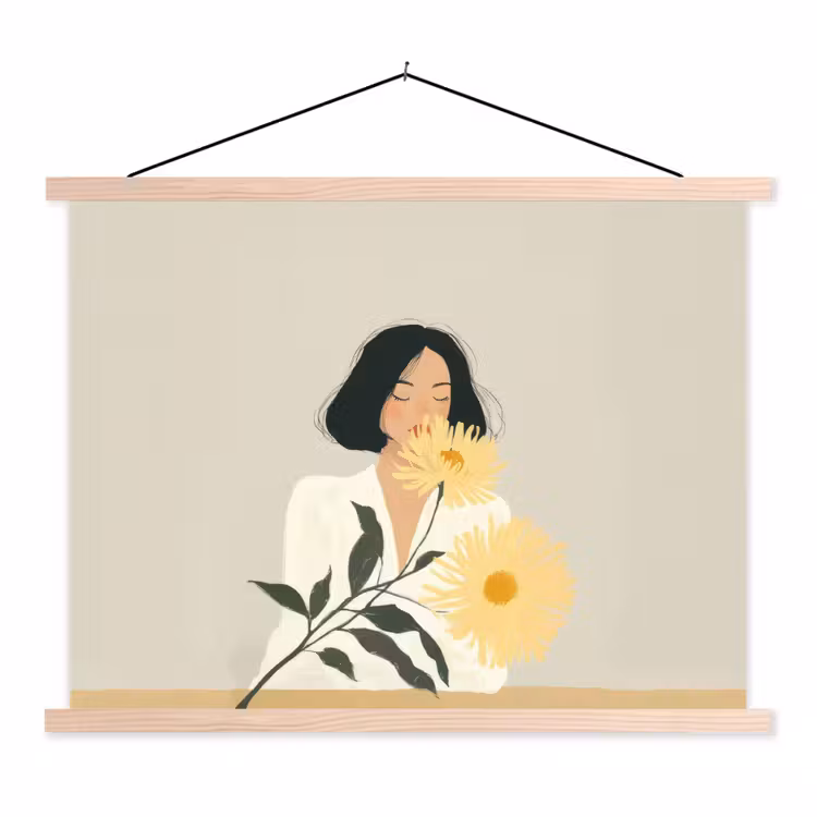 Vrouw - Bloem - Geel - Minimalistisch textielposter latten blank klein -3d