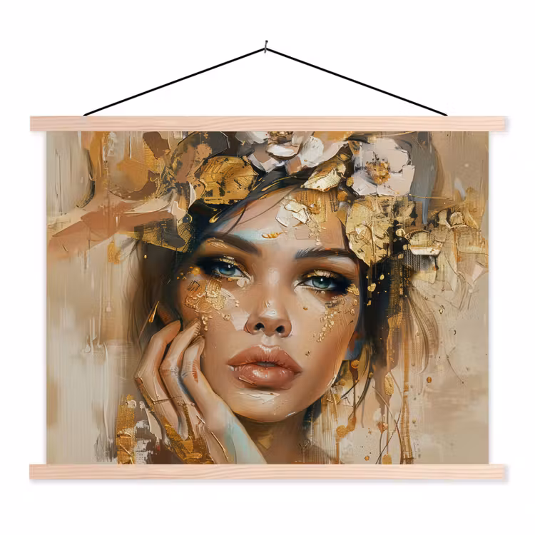 Vrouw - Bloemen  - Goud - Portret textielposter latten blank klein -3d
