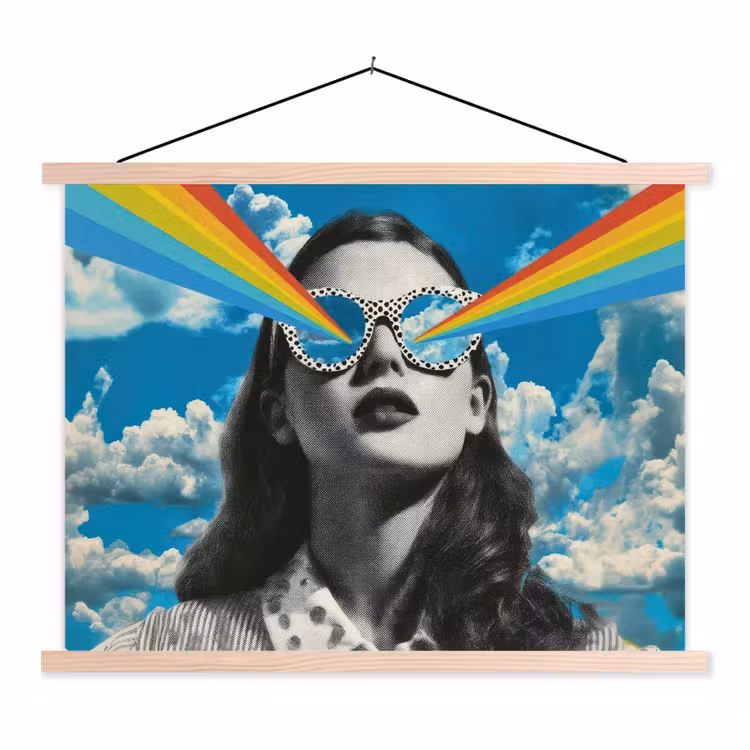 Vrouw - Bril - Regenboog - Wolken textielposter latten blank klein -3d