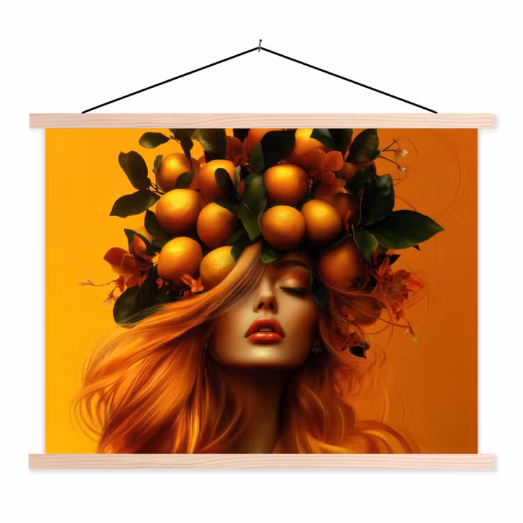 Vrouw - Citroenen - Bloesem - Geel textielposter latten blank klein -3d