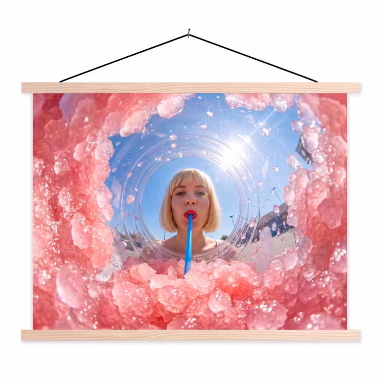 Vrouw - Drank - Zomer - Roze - Blauw textielposter latten blank klein -3d