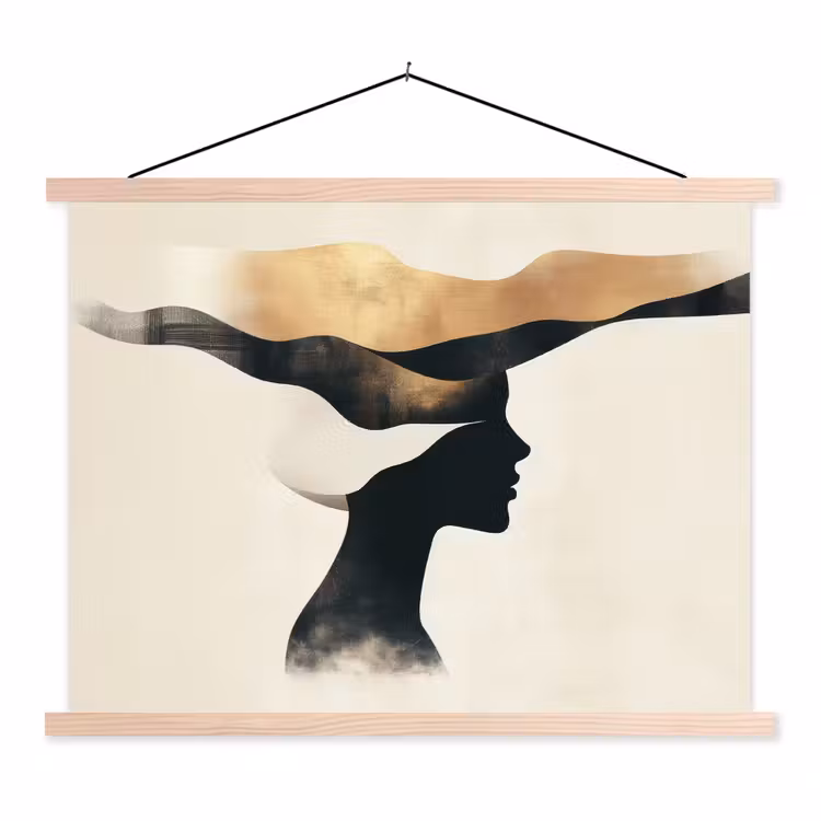 Vrouw - Golven - Zwart textielposter latten blank klein -3d