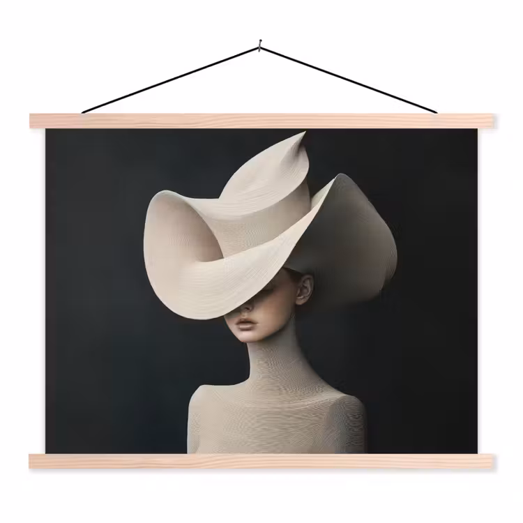 Vrouw - Golvende - Hoed textielposter latten blank klein -3d