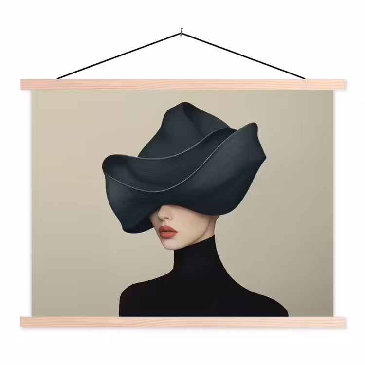 Vrouw - Groen - Hoed textielposter latten blank klein -3d