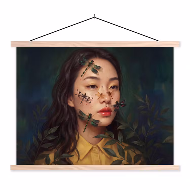 Vrouw - Insecten - Natuur - Portret - Groen textielposter latten blank klein -3d