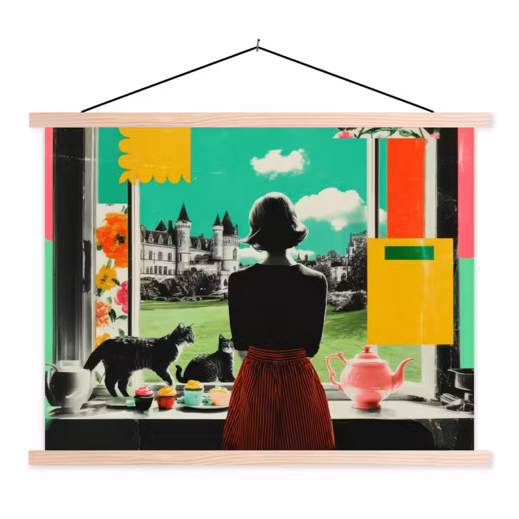 Vrouw - Keuken - Katten - Doorkijk textielposter latten blank klein -3d