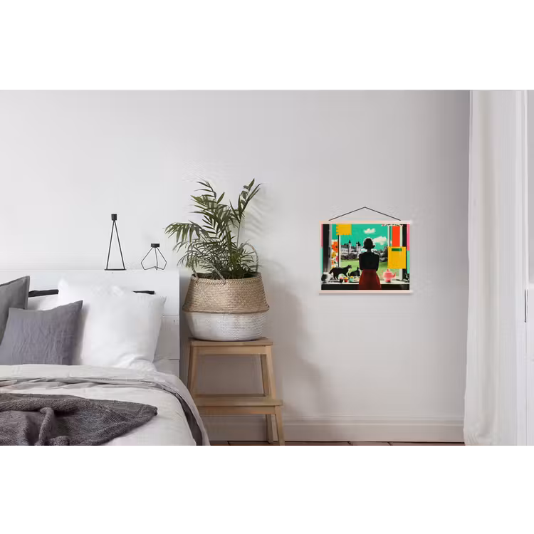 Vrouw - Keuken - Katten - Doorkijk textielposter latten blank klein -woonkamer