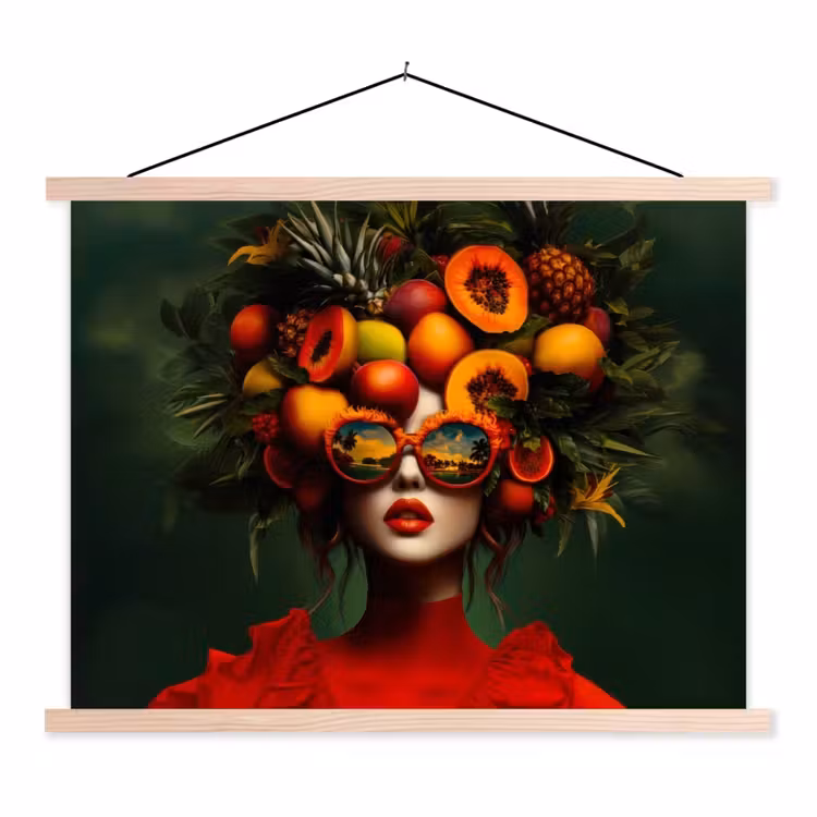 Vrouw - Vruchten - Papaja - Ananas textielposter latten blank klein -3d