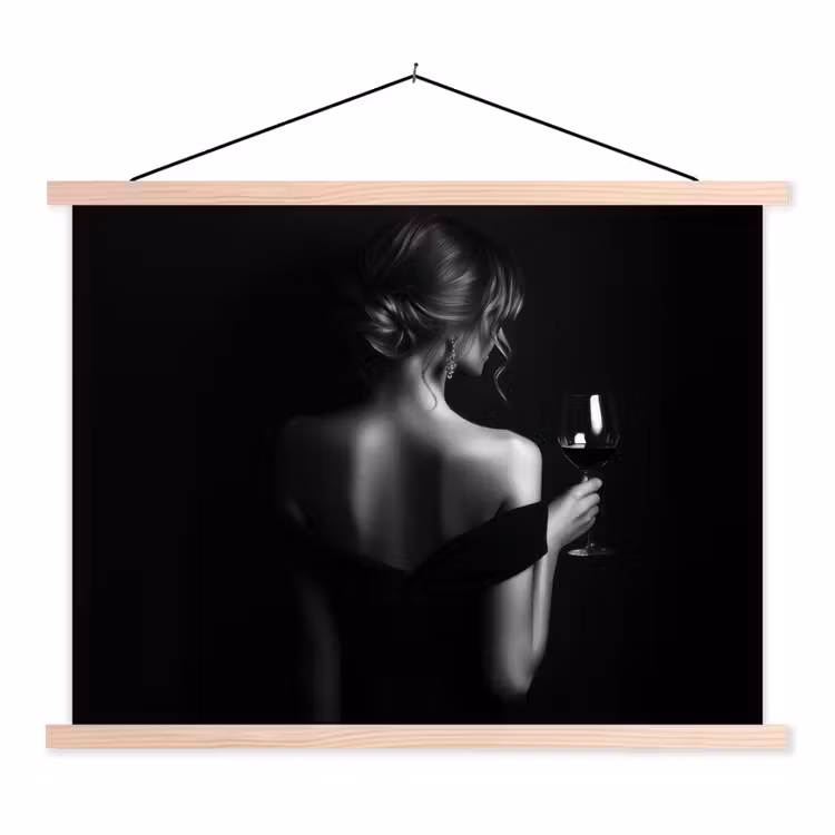 Vrouw - Wijn - Jurk textielposter latten blank klein -3d