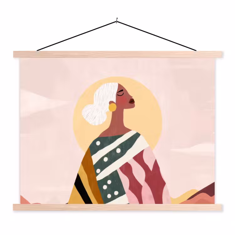 Vrouw - Zon - Kleurrijk textielposter latten blank klein -3d