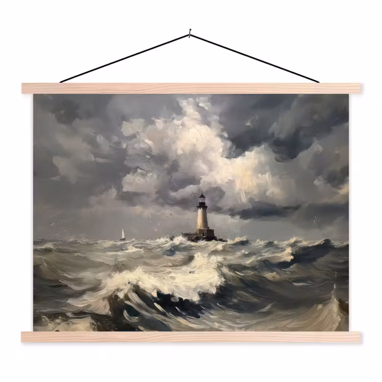 Vuurtoren - Golven - Storm textielposter latten blank klein -3d