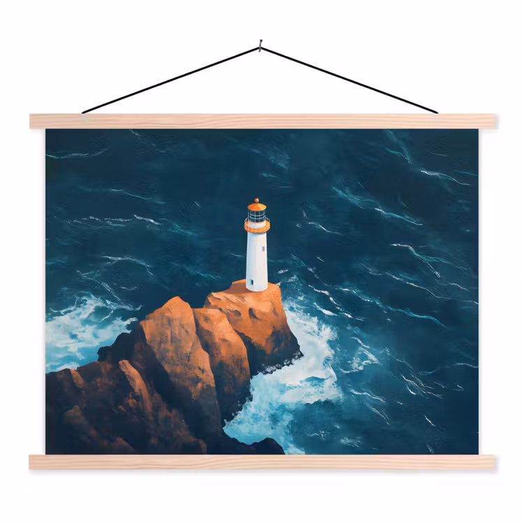 Vuurtoren - Rots - Zee - Golven textielposter latten blank klein -3d