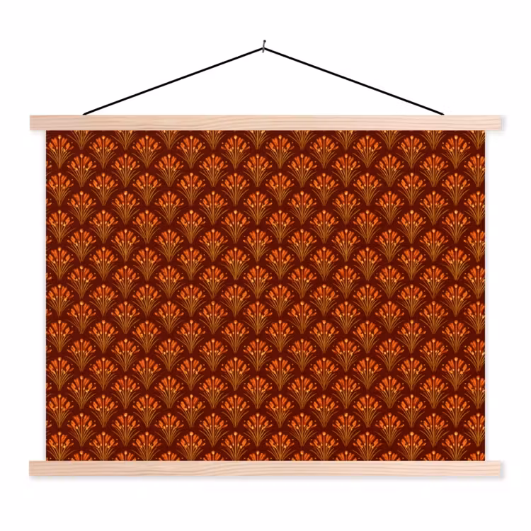 Waaiers - Art Deco - Botanisch - Roestbruin - Oranje textielposter latten blank klein 122 -3d