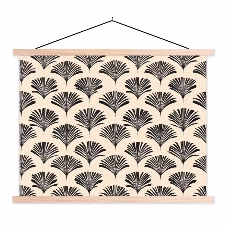 Waaiers - Botanisch - Zwart - Beige textielposter latten blank klein 122 -3d