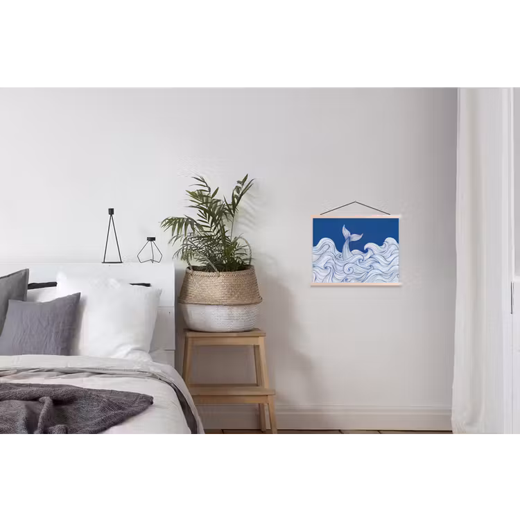 Walvis - Staart - Golven - Lijntekening - Blauw textielposter latten blank klein -woonkamer