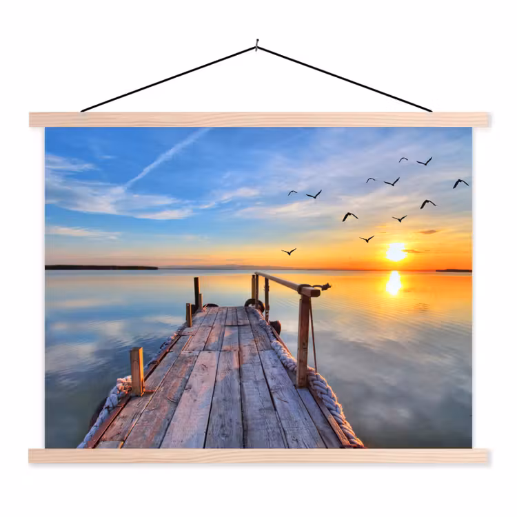 Water - Steiger - Vogels - Zonsondergang - Horizon textielposter latten blank klein -3d