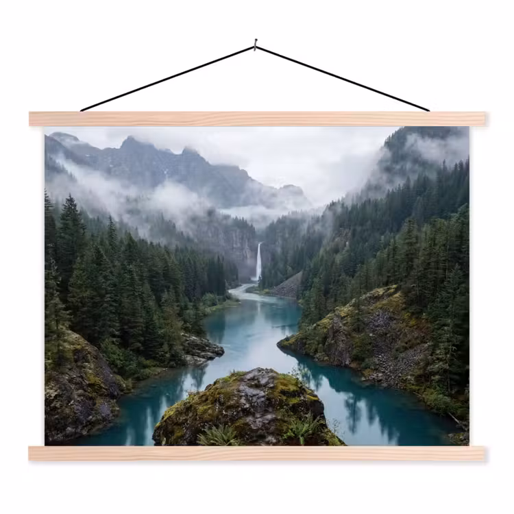 Waterval - Bomen - Bergen textielposter latten blank klein -3d