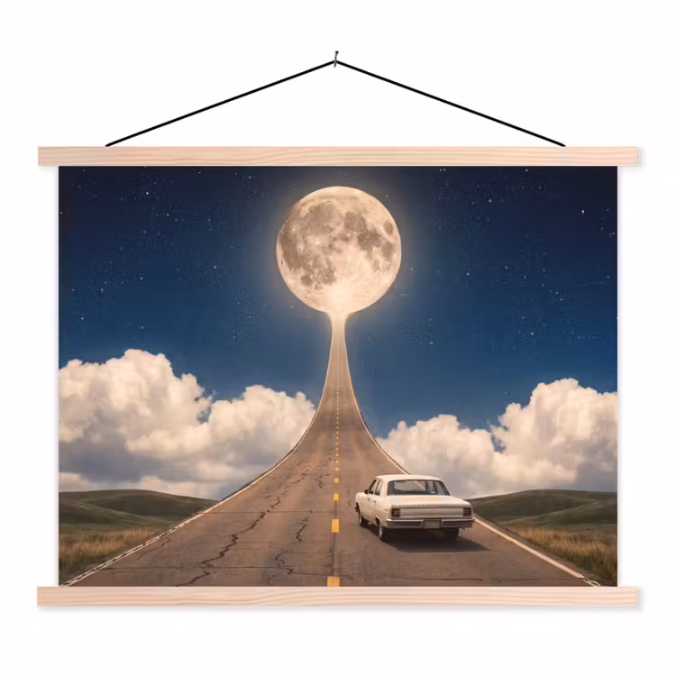 Schoolplaat - Weg - Maan - Nacht - Weg - Maan - Nacht textielposter latten blank klein