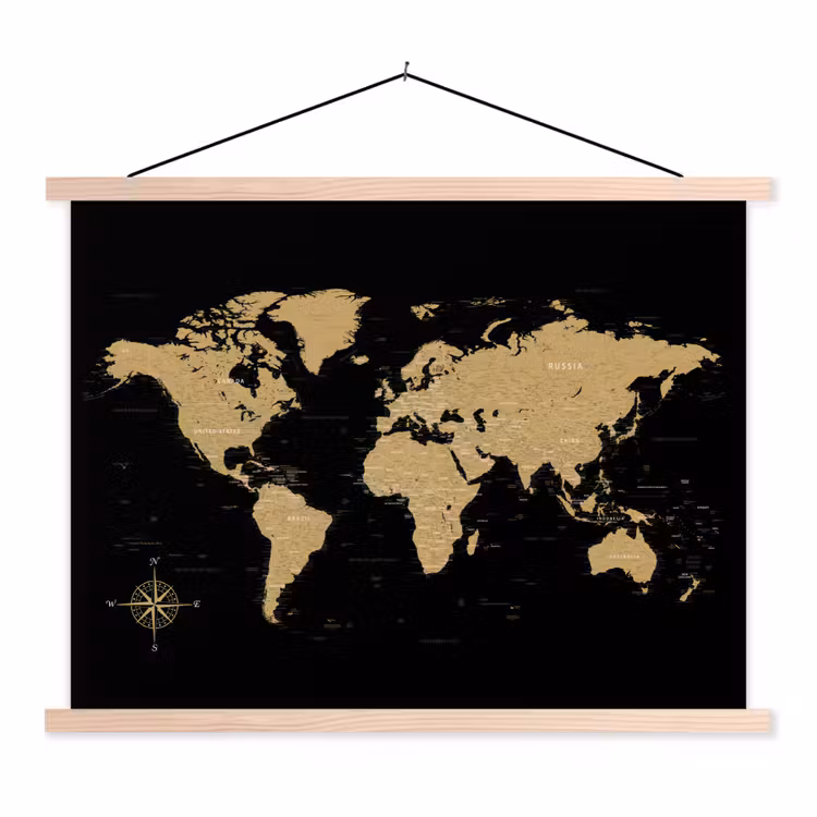 Wereldkaart - Beige - Zwart textielposter latten blank klein -3d