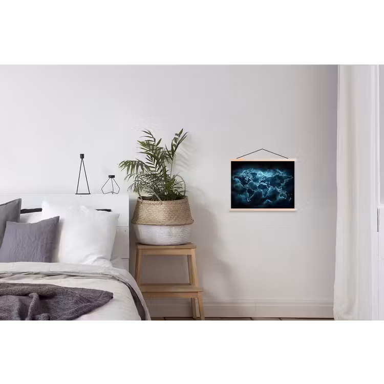 Wereldkaart - Bliksem - Blauw textielposter latten blank klein -woonkamer