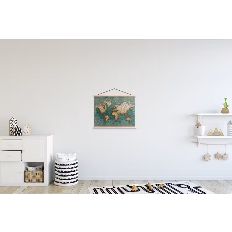 Wereldkaart - Gebroken tegels - Mozaïek textielposter latten blank klein -kinderkamer
