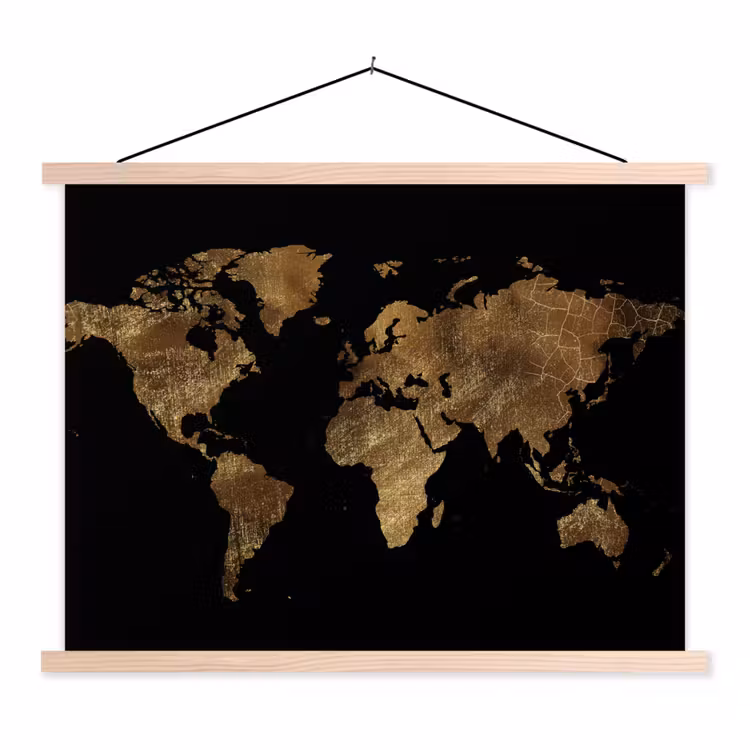 Wereldkaart - Goud - Luxe - Aarde - Zwart textielposter latten blank klein -3d