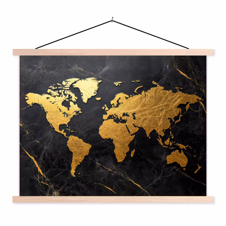 Wereldkaart - Goud - Marmer textielposter latten blank klein -3d