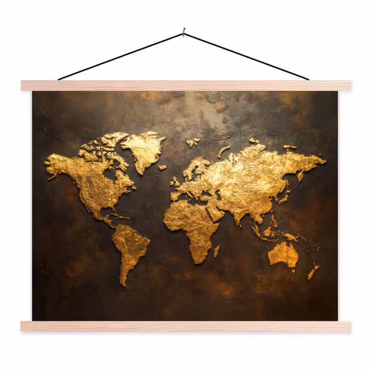 Wereldkaart - Goud - Roest textielposter latten blank klein -3d