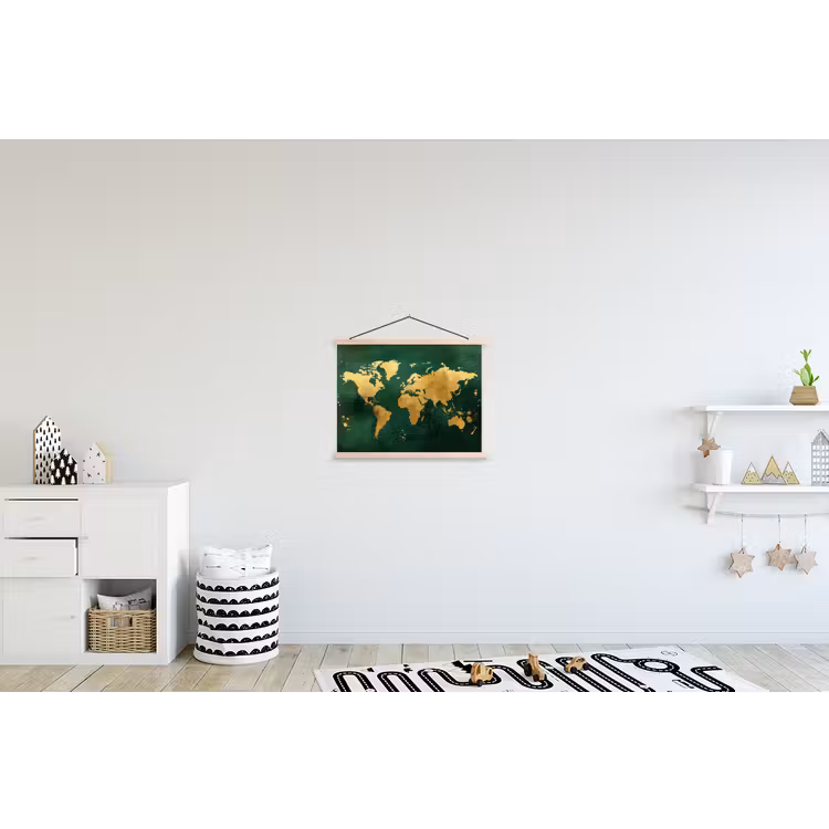 Wereldkaart - Groen - Goud textielposter latten blank klein -kinderkamer