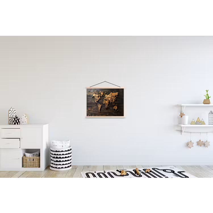 Wereldkaart -  Hout - Mozaïek textielposter latten blank klein -kinderkamer