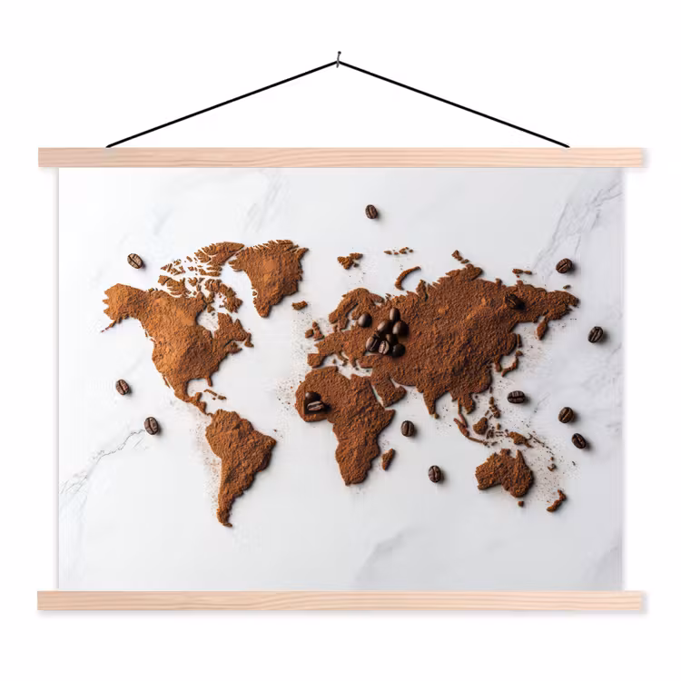 Wereldkaart - Koffie - Marmer textielposter latten blank klein -3d