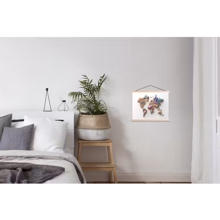 Wereldkaart - Kristallen - Unieke tinten textielposter latten blank klein -woonkamer