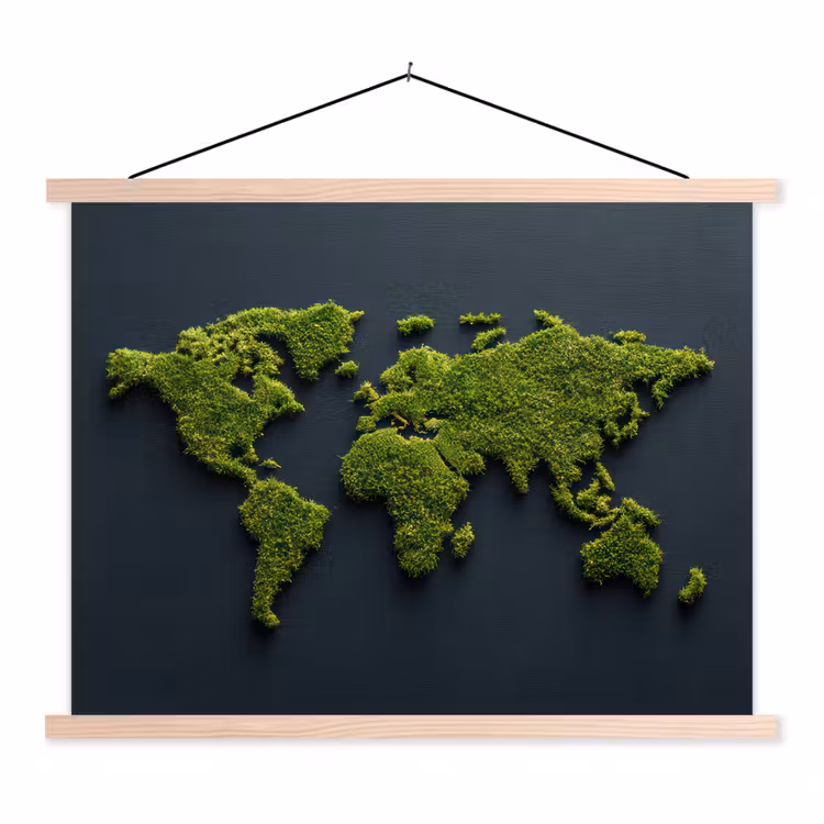 Wereldkaart - Mos -Levendig effect textielposter latten blank klein -3d