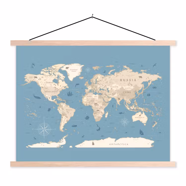 Wereldkaart - Oceaan - Realistisch - Blauw textielposter latten blank klein -3d