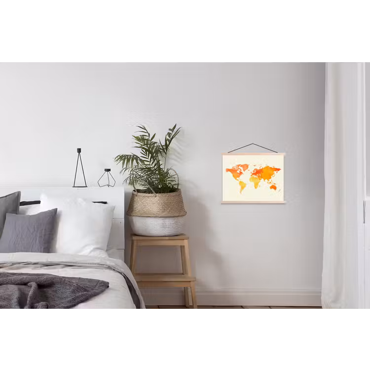 Wereldkaart - Oranje - Kleurrijk textielposter latten blank klein -woonkamer