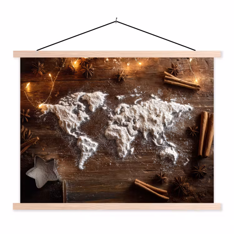 Wereldkaart - Poedersuiker - Hout textielposter latten blank klein -3d